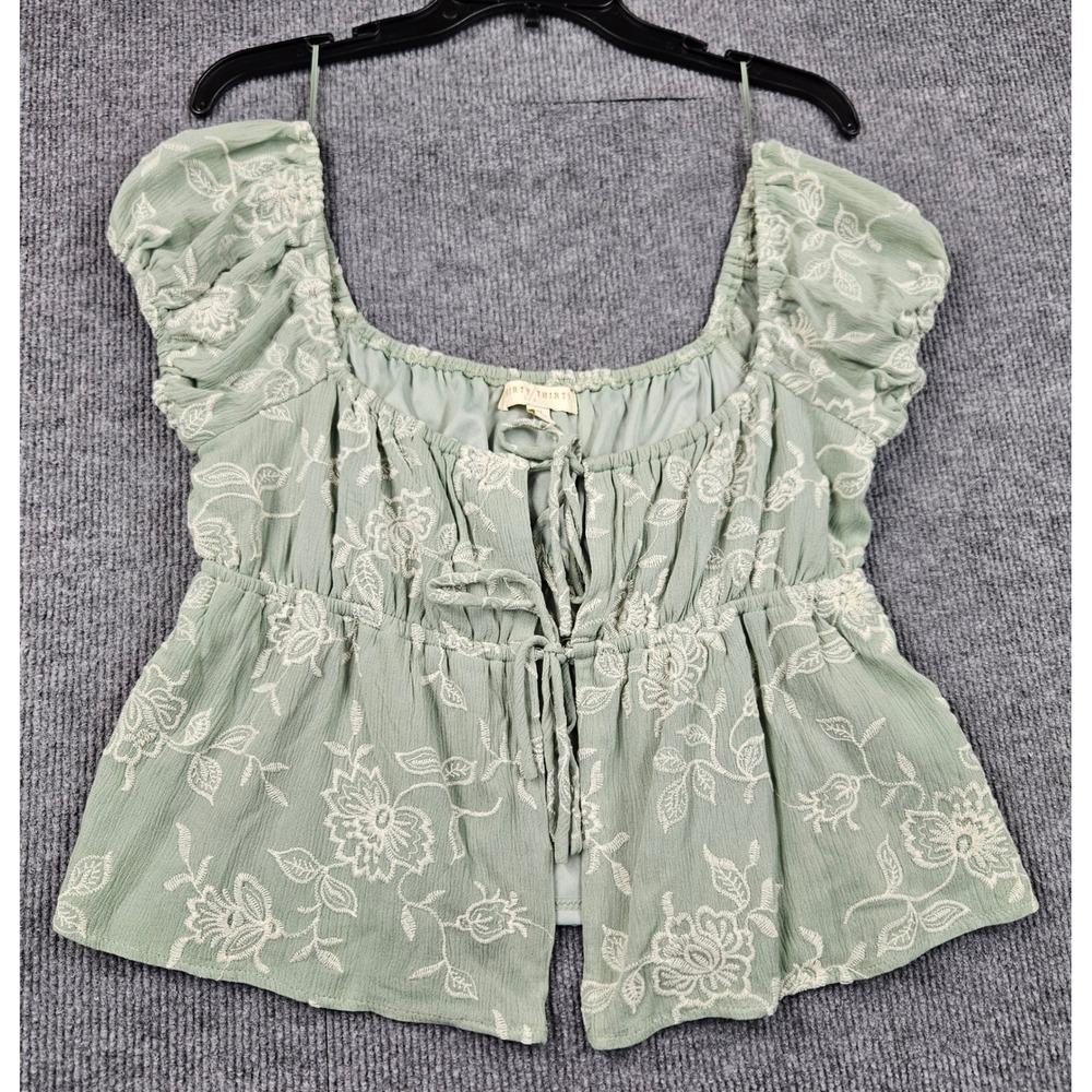 Thirty Thirty LA Sage Green Floral Embroidered Peasant Top XL Boho Milkmaid